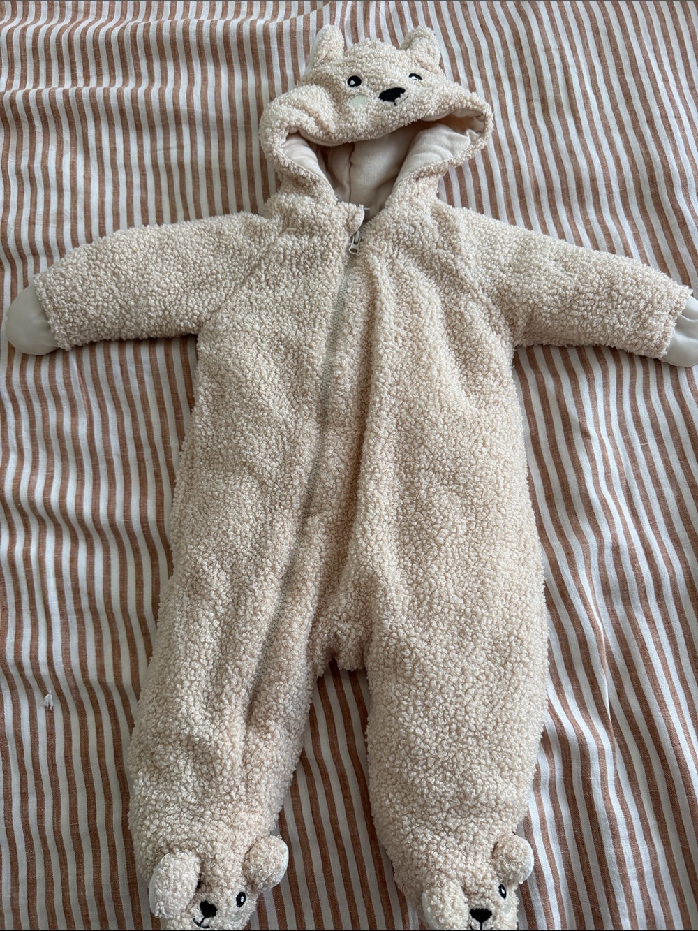 Plush Cream Sherpa Baby One-Piece with Bear Hood